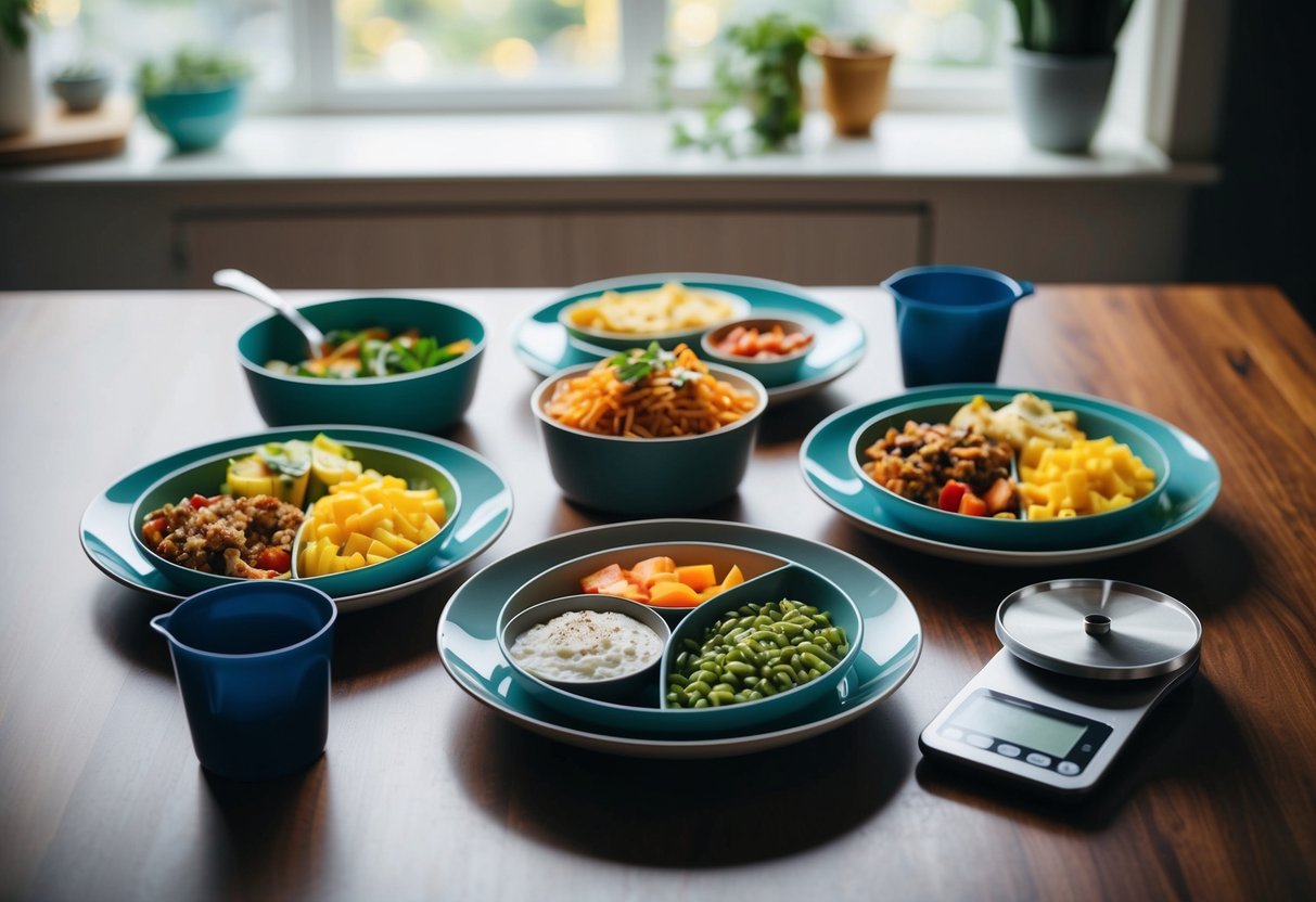 A table set with keto-friendly foods in portioned plates and containers, surrounded by measuring cups and a food scale