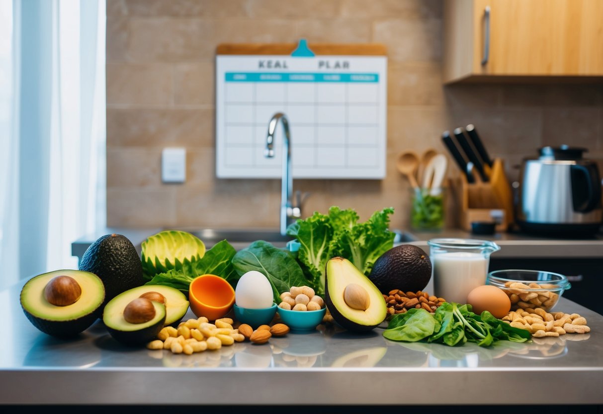 A kitchen counter with a variety of keto-friendly foods and ingredients neatly arranged, including avocados, eggs, leafy greens, nuts, and lean meats. A meal plan schedule is pinned to the wall