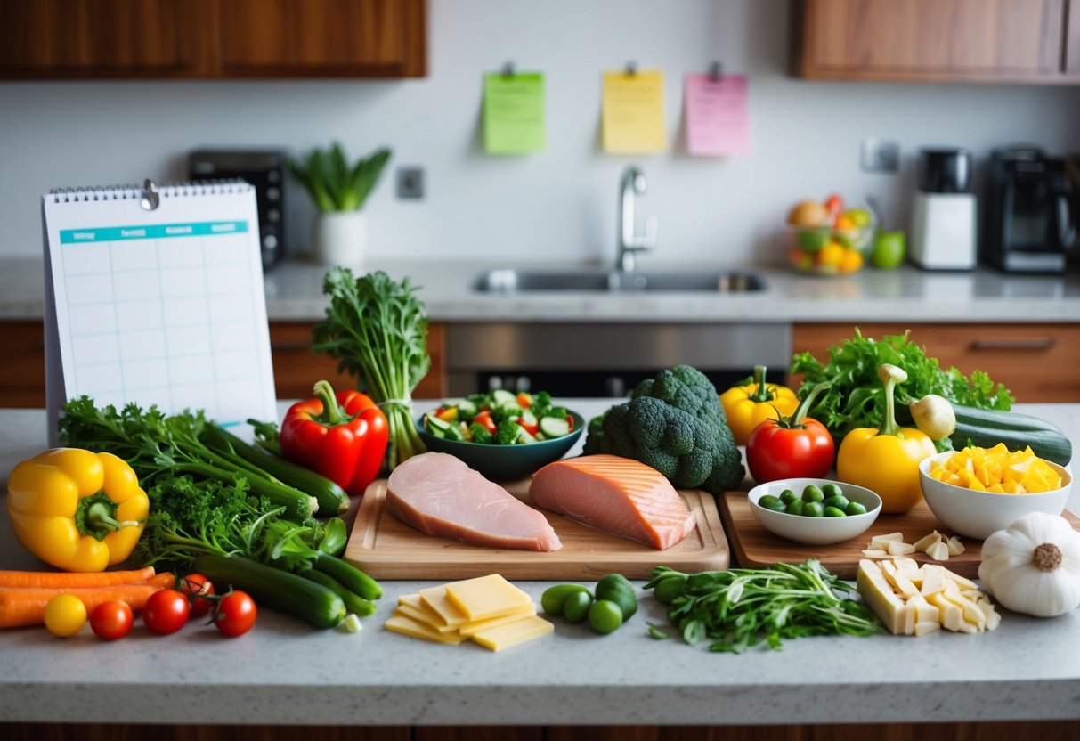A kitchen counter with a variety of fresh vegetables, lean proteins, and healthy fats laid out for meal prep. A calendar with keto diet schedule and a grocery list nearby