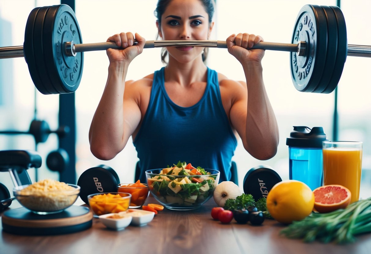 Showing keto and exercise and do well together. A person lifting weights while surrounded by low-carb food items and exercise equipment