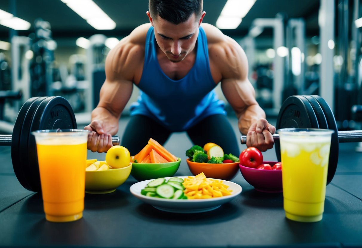 A person lifting weights in a gym while surrounded by low-carb, high-protein food and drink options