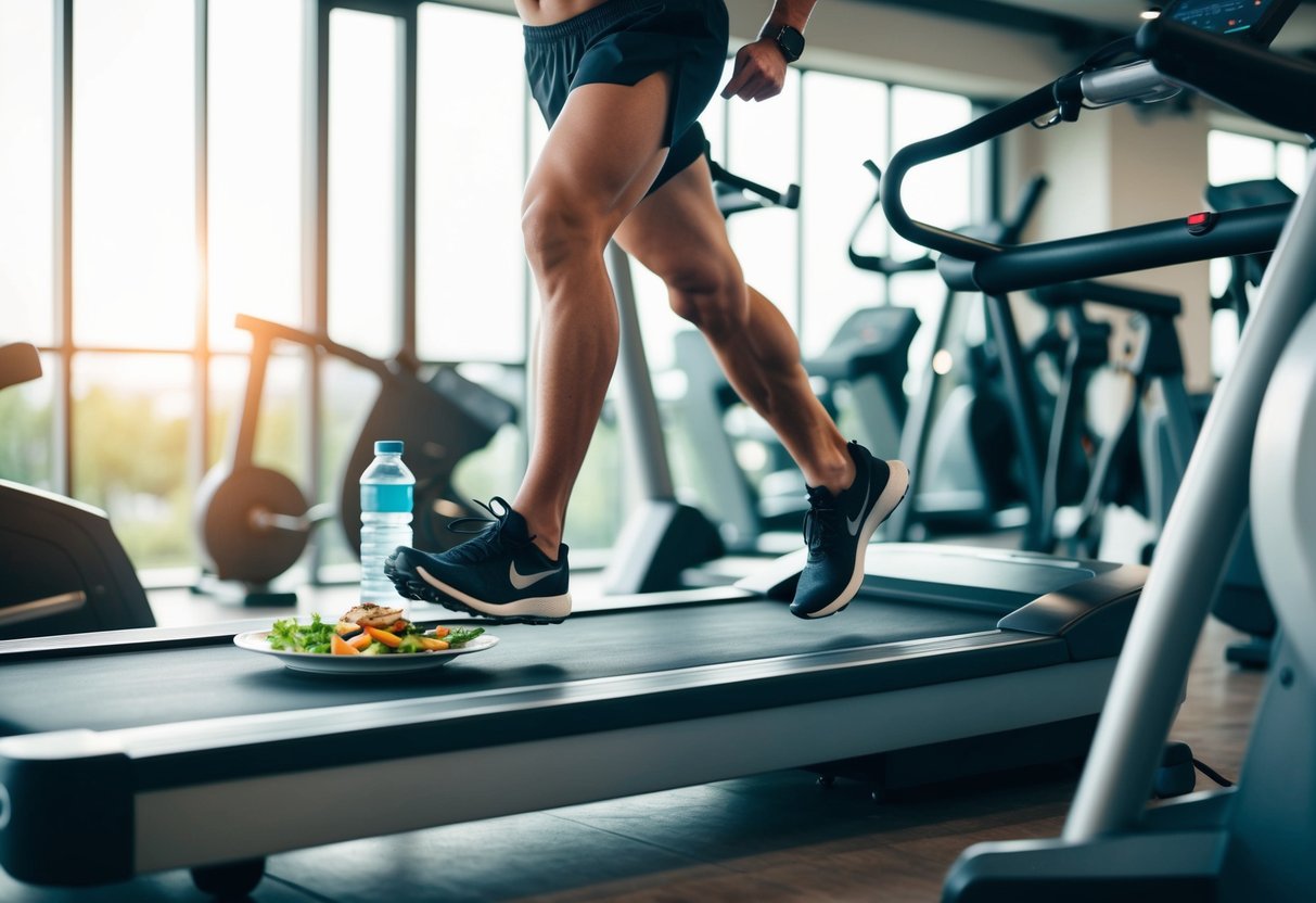 A person running on a treadmill with a plate of low-carb food and a water bottle nearby, surrounded by gym equipment