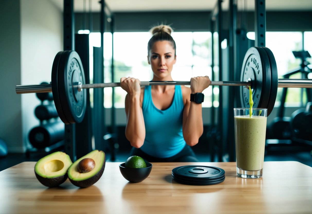 A person lifting weights in a gym, surrounded by low-carb food items like avocados and lean protein. A keto-friendly smoothie sits nearby