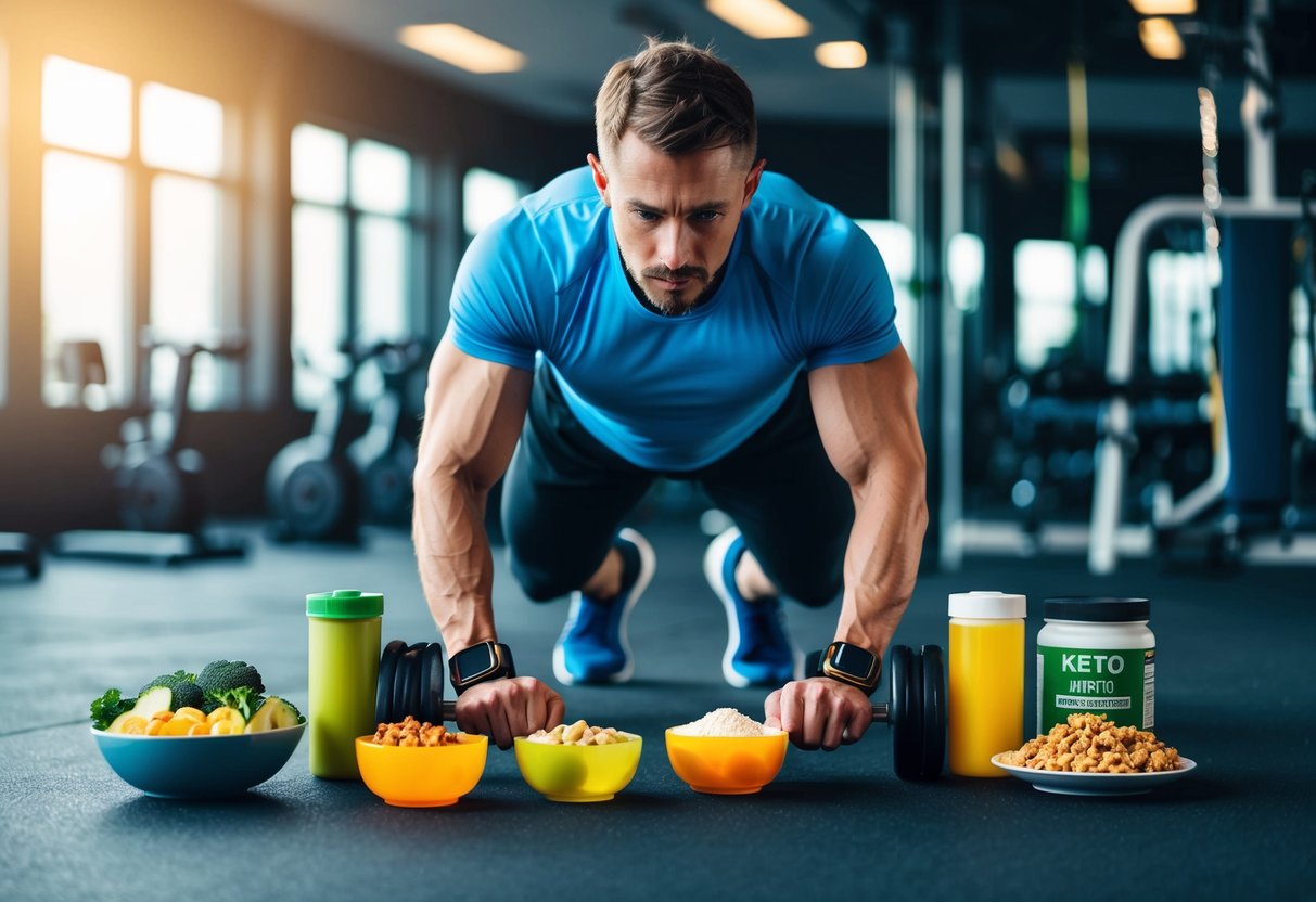 A person doing high-intensity interval training in a gym, surrounded by keto-friendly foods and supplements