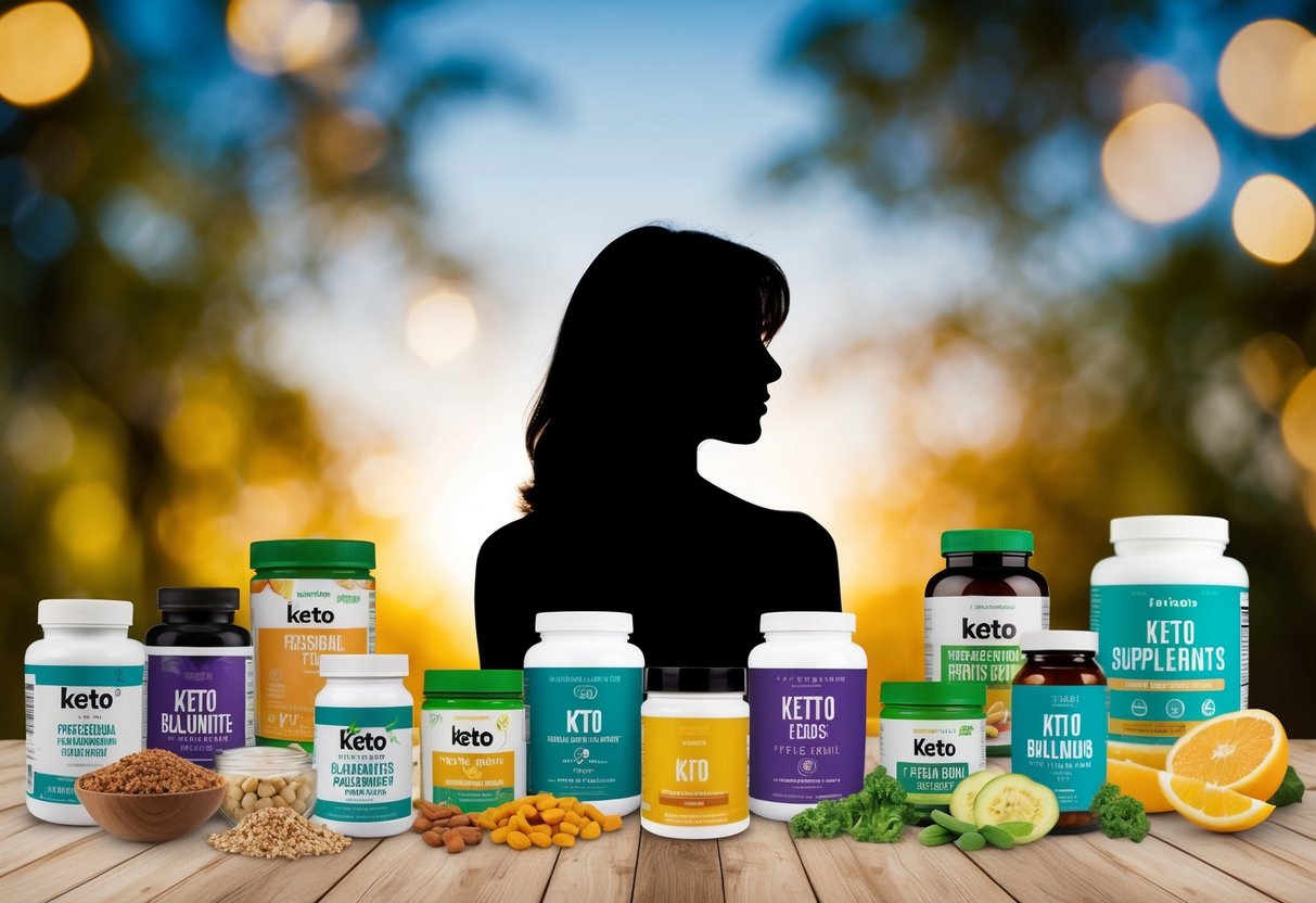 A woman's silhouette surrounded by various keto-friendly foods and supplements, with a focus on hormone-balancing ingredients.