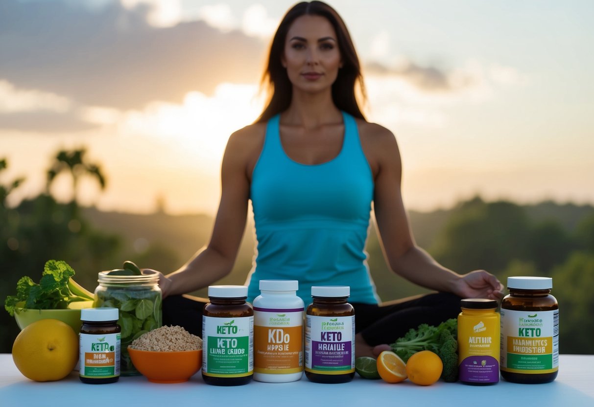 A woman's silhouette surrounded by healthy keto-friendly foods and hormone-balancing supplements, with a focus on weight loss and overall well-being