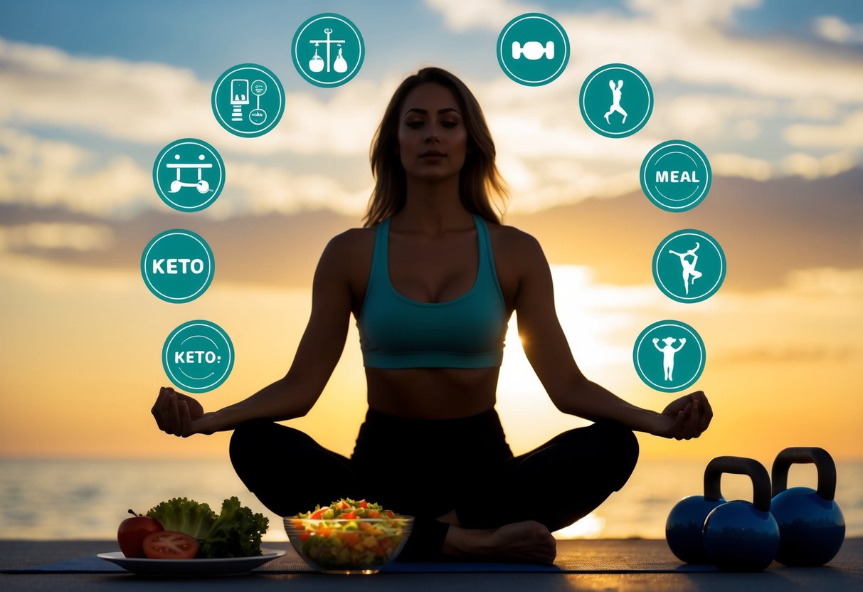 A woman's silhouette surrounded by symbols representing hormones and weight loss, with a keto-friendly meal and exercise equipment nearby