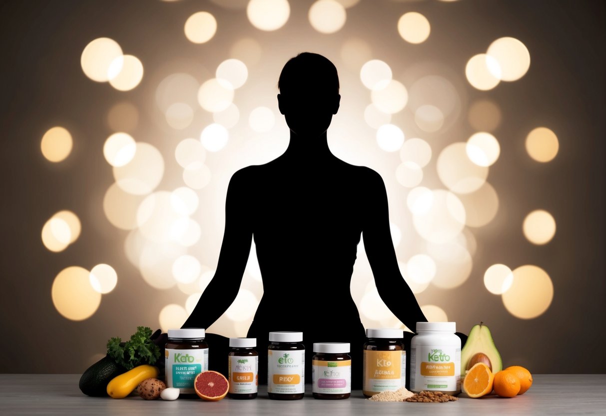 A woman's silhouette surrounded by various keto-friendly foods and supplements, with a focus on hormone-balancing and weight loss