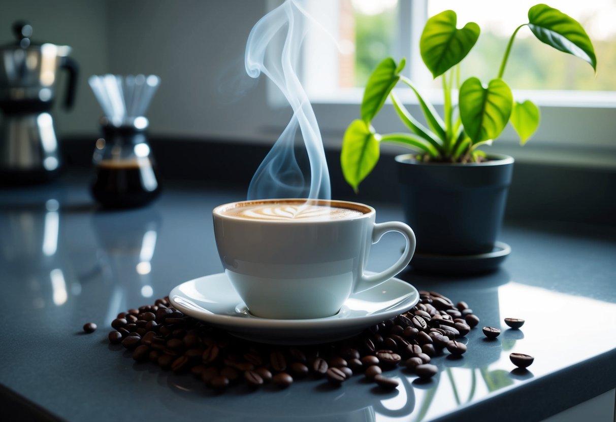 A steaming cup of Java Burn coffee supplement sits on a sleek, modern kitchen counter, surrounded by fresh coffee beans and a vibrant green plant
