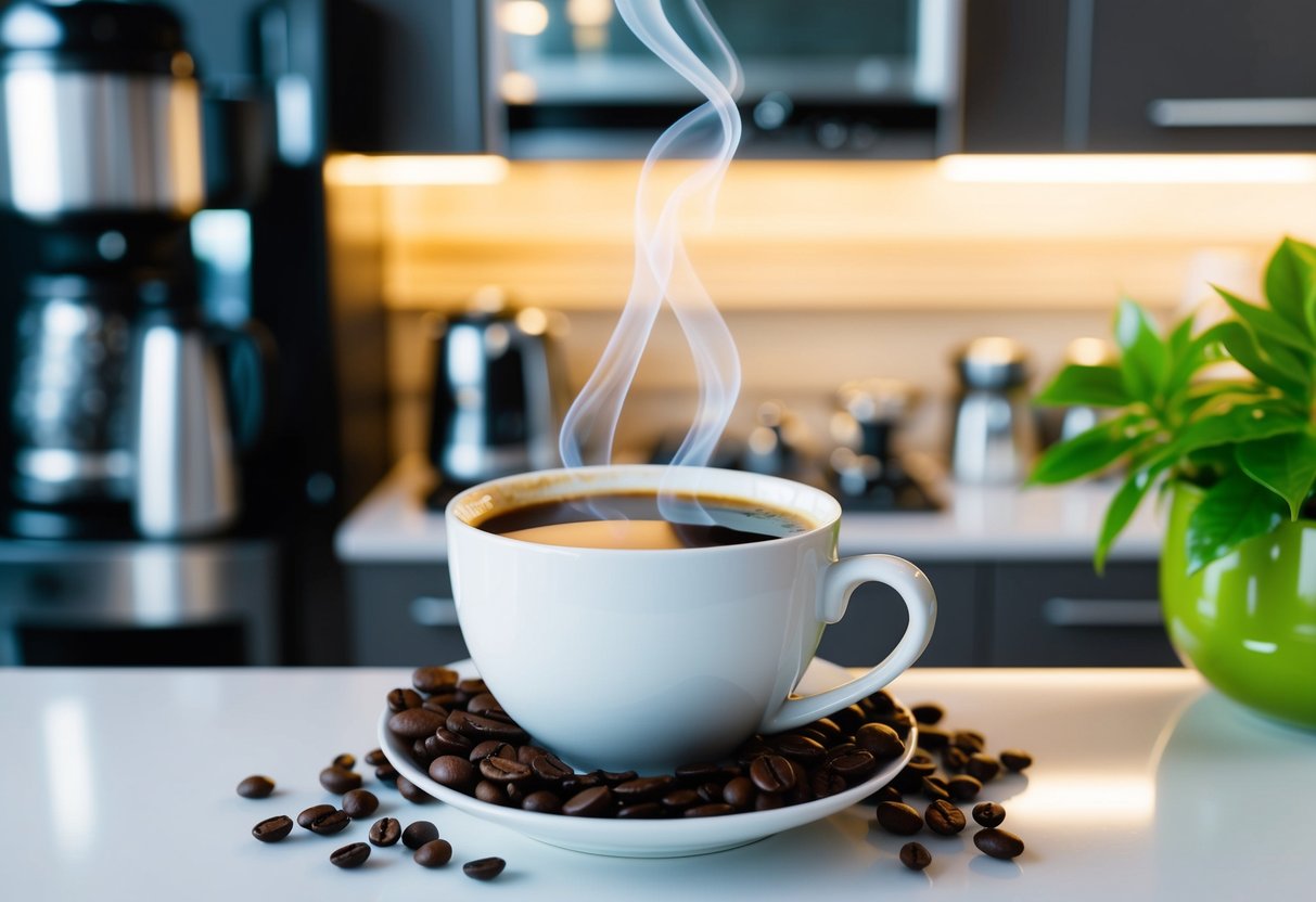A steaming cup of Java Burn sits on a sleek modern kitchen counter, surrounded by fresh coffee beans and a vibrant green plant