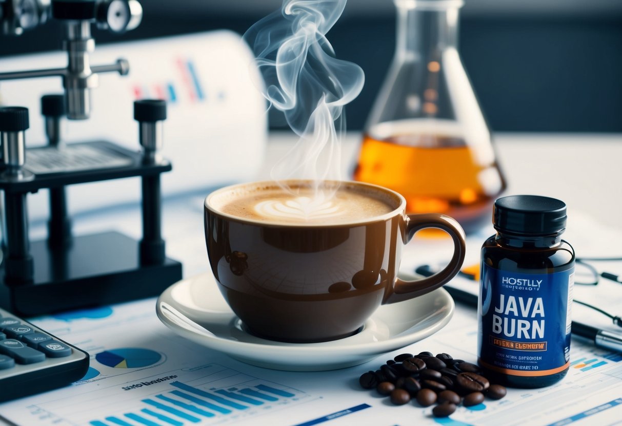 A steaming cup of coffee surrounded by scientific equipment and charts, with a bottle of Java Burn review supplement next to it
