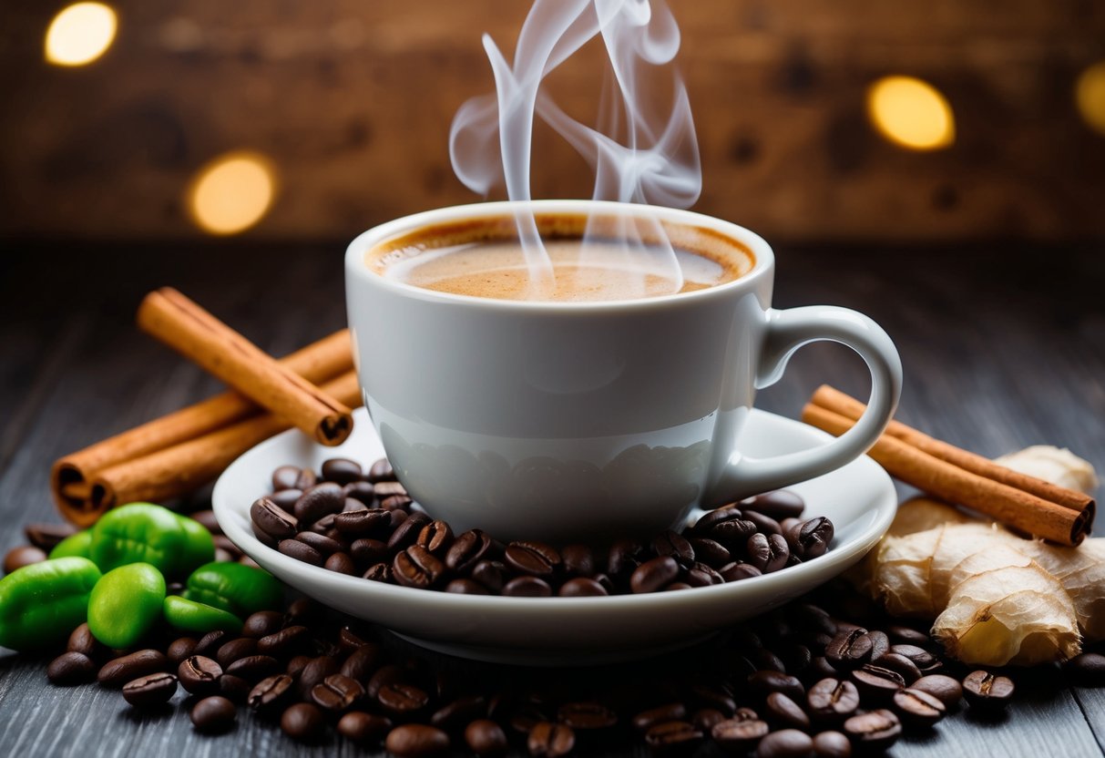 A steaming cup of coffee surrounded by various natural ingredients like green coffee beans, cinnamon sticks, and ginger root