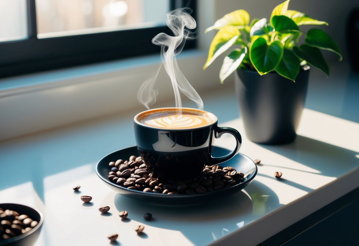 A steaming cup of Java Burn sits on a sleek, modern kitchen counter, surrounded by fresh coffee beans and a vibrant green plant. Sunlight streams through the window, casting a warm glow on the scene