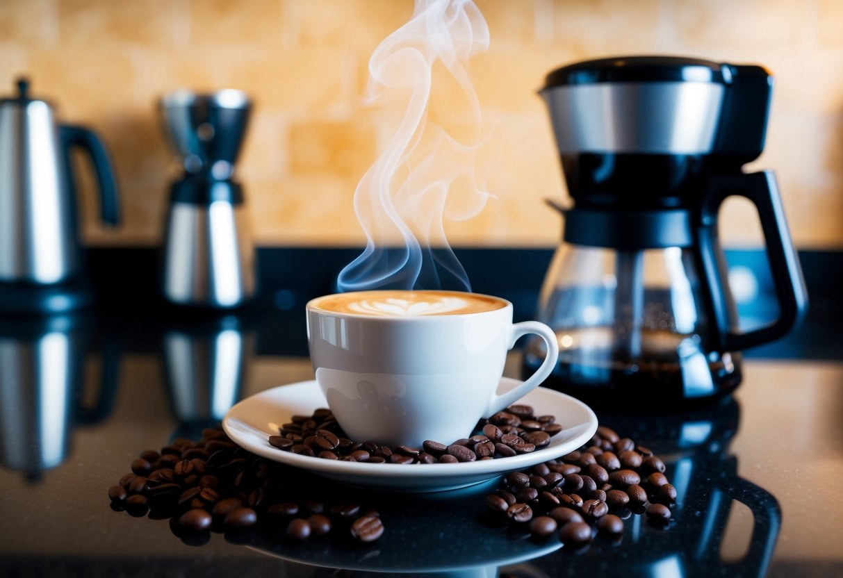 A steaming cup of Java Burn sits on a kitchen counter, surrounded by fresh coffee beans and a sleek, modern coffee maker