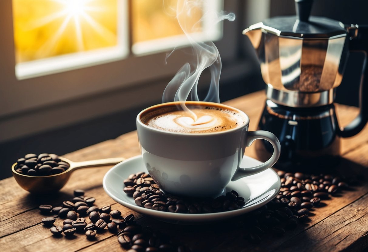 A steaming cup of Java Burn sits on a rustic wooden table, surrounded by coffee beans and a sleek, modern coffee maker. Sunshine streams through a nearby window, casting a warm glow over the scene