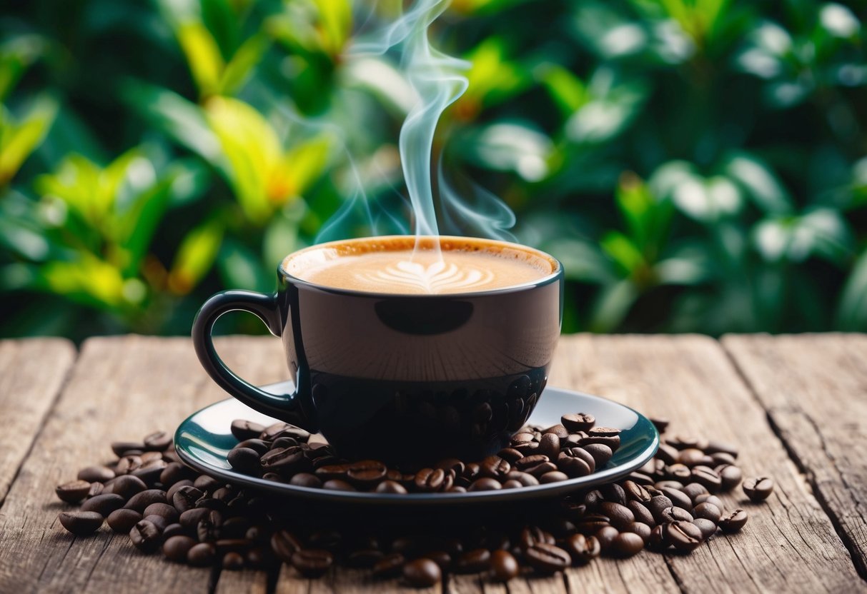 A steaming cup of Java Burn keto sits on a rustic wooden table, surrounded by fresh coffee beans and a backdrop of lush greenery