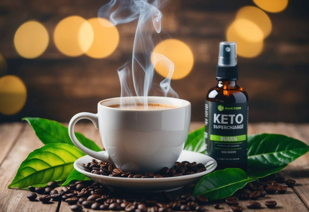 A steaming cup of Java Burn sits next to a bottle of Keto Supercharge, surrounded by fresh coffee beans and vibrant green leaves
