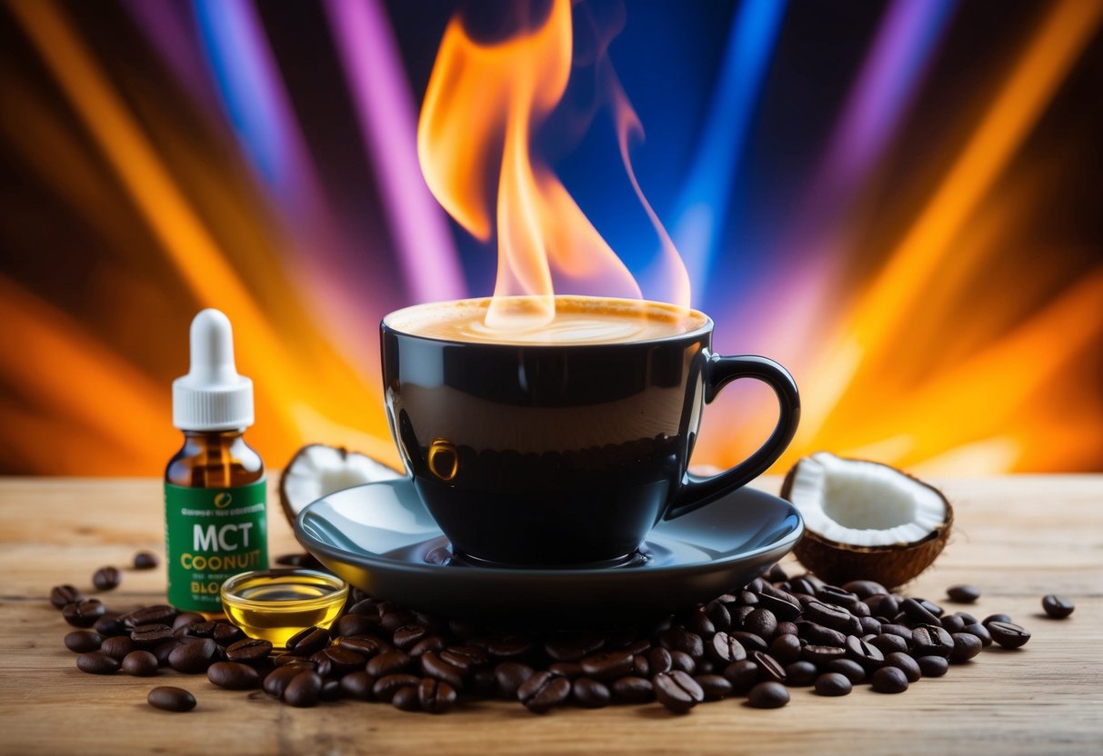 A steaming cup of Java Burn surrounded by fresh coffee beans, coconut oil, and MCT oil, with a backdrop of a vibrant, energetic atmosphere