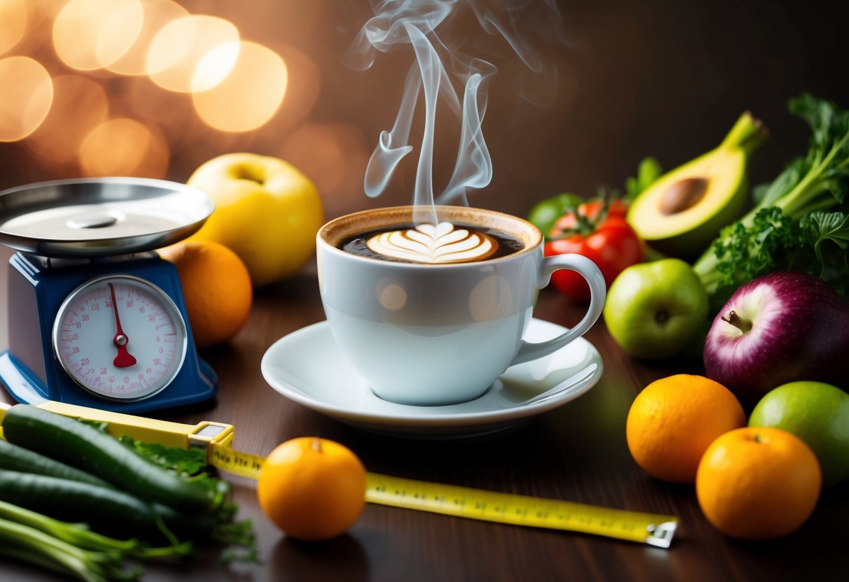 A steaming cup of Java Burn sits on a table surrounded by fresh fruits and vegetables, a weight scale, and a tape measure