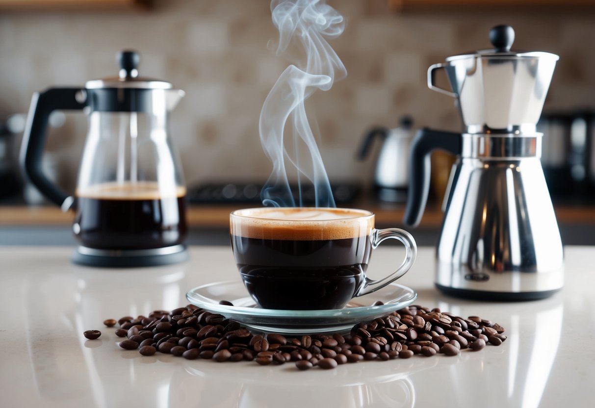 A steaming cup of Java Burn sits on a kitchen counter, surrounded by fresh coffee beans and a sleek, modern coffee maker