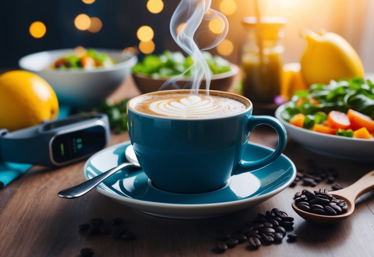 A steaming cup of Java Burn sits next to a keto-friendly meal, surrounded by fresh ingredients and a fitness tracker