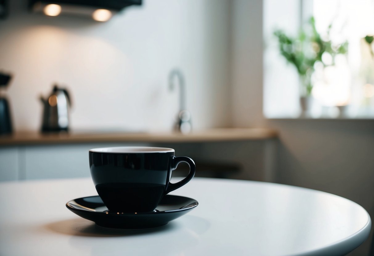 A modern, clean design featuring a cup of black coffee placed on a sleek, white table. The scene is minimalistic with soft natural lighting, creating a cozy and inviting atmosphere. In the background, there are subtle hints of a kitchen or café setting with neutral tones, emphasizing simplicity and elegance