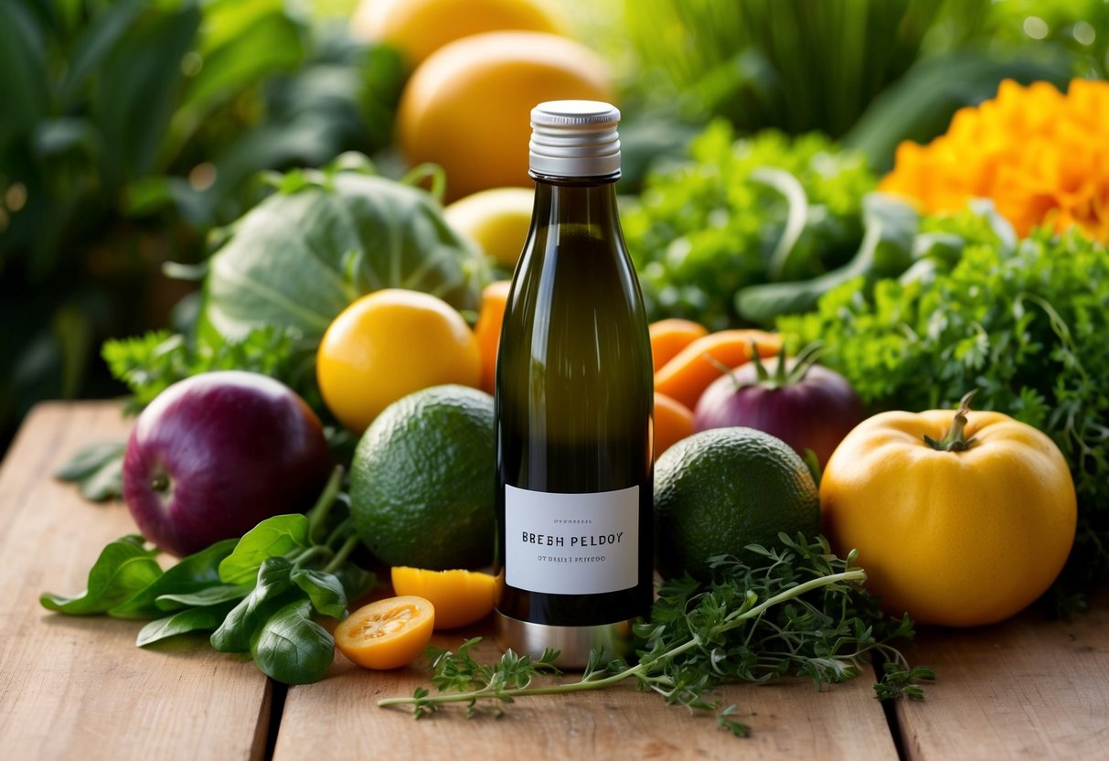 A vibrant, health-focused feature image for an article on Nagano Tonic Keto. The scene should include a sleek, modern bottle (without a prominent label) set against a backdrop of fresh fruits, vegetables, and natural elements like green leaves and citrus. The overall style is minimalistic with warm, inviting colors, evoking energy, wellness, and a keto lifestyle.
