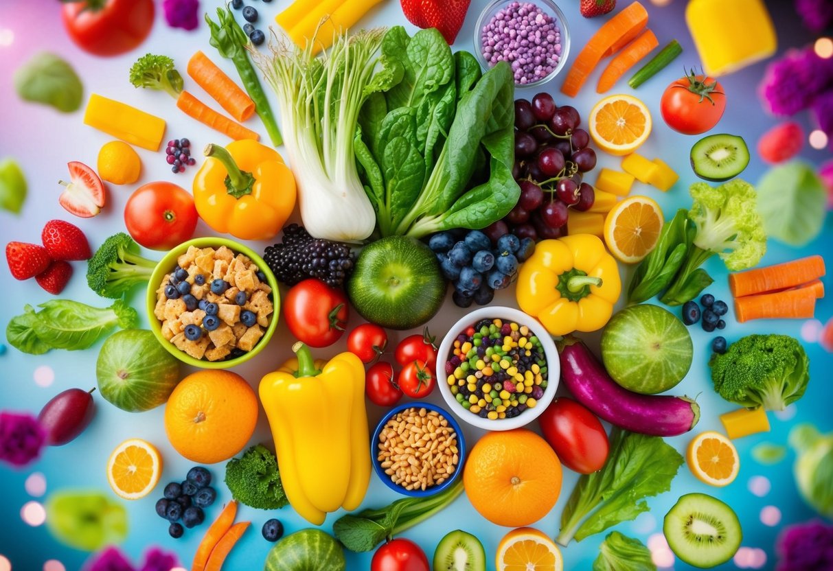 For the best keto and gut health, a diverse array of colorful, nutrient-dense foods arranged in a pleasing composition, surrounded by vibrant, healthy gut bacteria