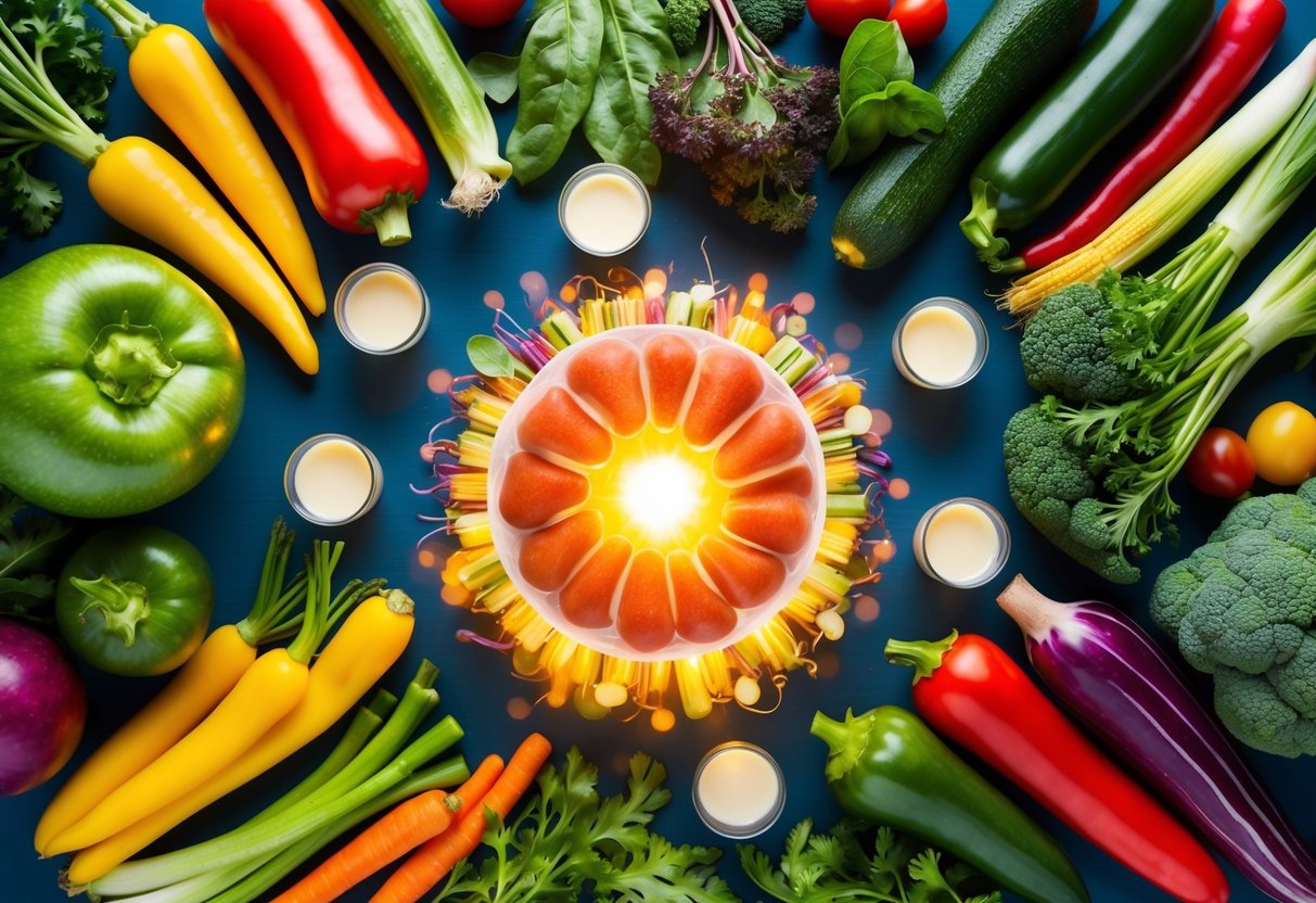 For the best keto and gut health, a colorful array of fresh vegetables and healthy fats arranged around a glowing, vibrant gut microbiome
