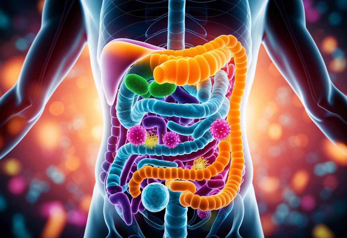 A vibrant, diverse ecosystem of gut bacteria thrives within a glowing, healthy digestive system