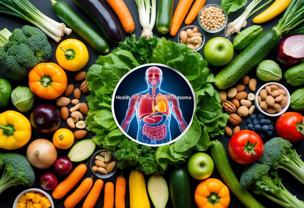A colorful array of fresh vegetables, fruits, nuts, and lean proteins arranged around a central image of a healthy gut microbiome