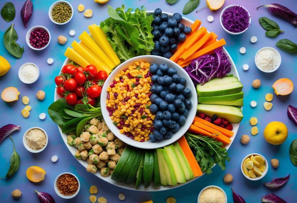 A diverse array of colorful, nutrient-rich foods arranged in a balanced and appetizing manner, surrounded by vibrant gut-friendly probiotics and digestive enzymes