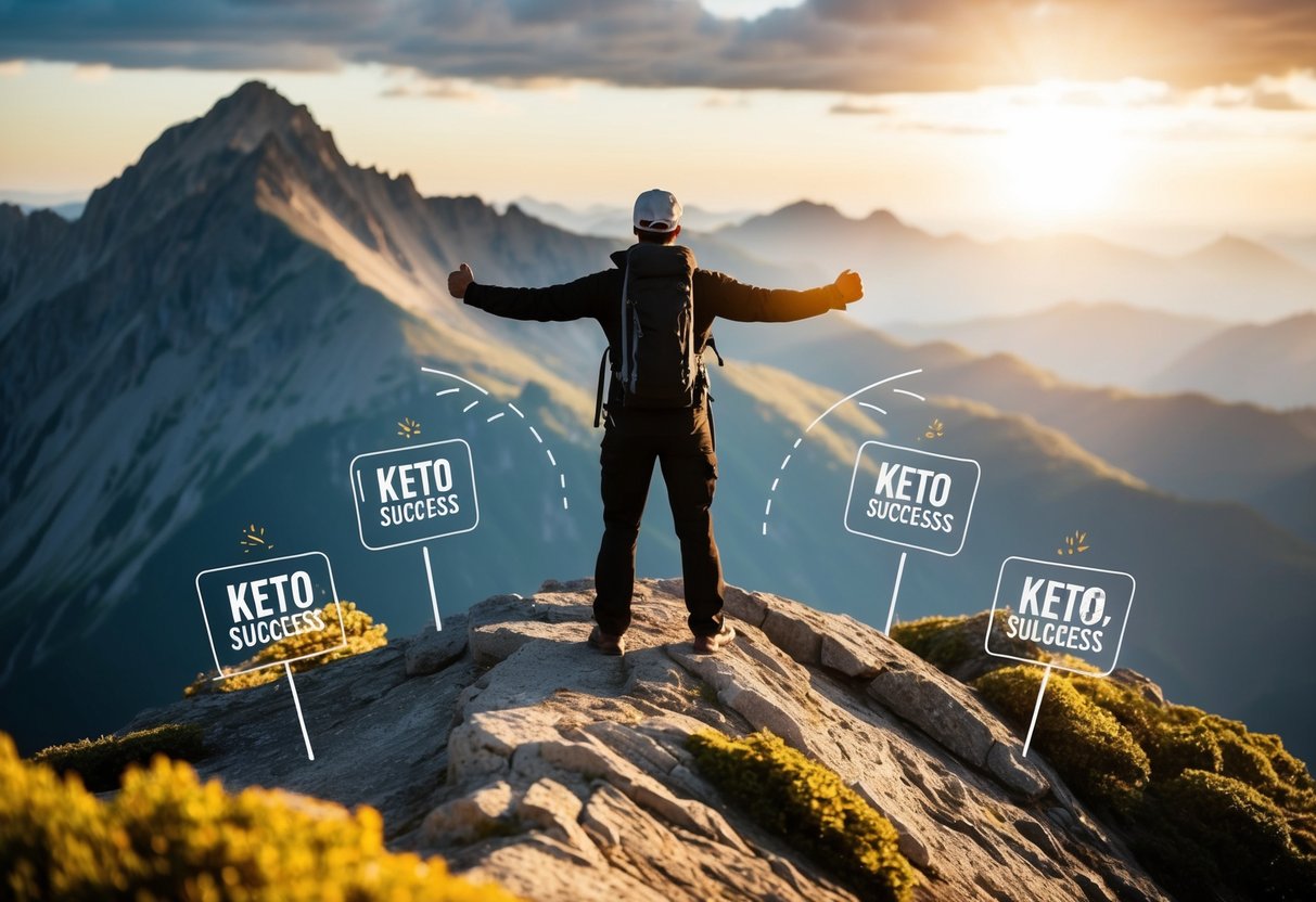 Create a vibrant, high-quality feature image for the article 'Breaking Through Keto Plateaus.' The scene should show a determined individual standing atop a symbolic plateau (like a mountain ridge) with warm natural lighting. Surround the person with subtle elements of keto success—such as a digital tablet displaying a keto graph, a small assortment of healthy low-carb foods, and generic supplement bottles arranged tastefully. The overall atmosphere should evoke triumph, renewed energy, and motivation.
