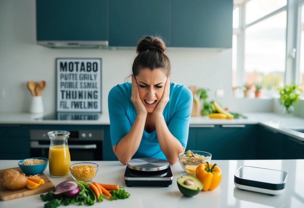 A person in a modern kitchen or home office. The individual is looking at a weight scale and a food journal, with keto-friendly foods and a small motivational poster in the background. The scene should reflect the challenge of a keto plateau and the determination to overcome it.
