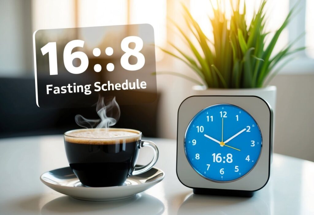 A close-up of a digital clock or watch showing a fasting schedule (e.g., 16:8), paired with a healthy cup of black coffee and a small plate of keto-friendly food. The setting should be bright and modern, with clear text overlays or subtle icons indicating 'fasting' and 'eating window' to highlight the IF concept.