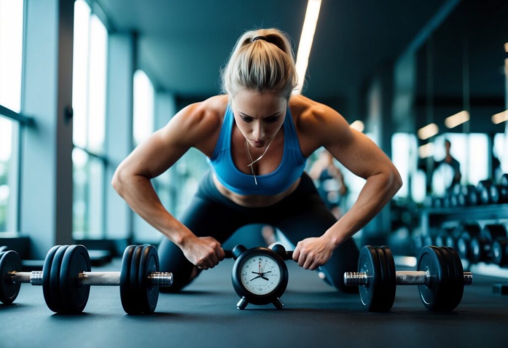 A person engaging in a high-intensity interval training (HIIT) workout or strength training in a modern gym setting. Include visible elements such as dumbbells, a timer, and an energetic atmosphere. The image should capture sweat, focus, and the effort to boost metabolism and break through a plateau.
