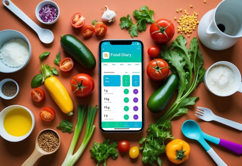 A food diary or mobile app displaying macro tracking, surrounded by fresh keto ingredients (like avocado, leafy greens, and lean protein) and kitchen utensils. The setting should be neat, modern, and colorful, conveying the idea of adjusting and fine-tuning your dietary intake.