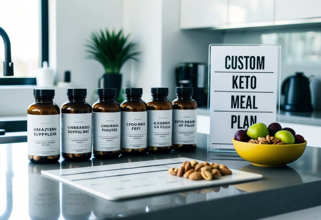 A modern kitchen counter with a carefully arranged lineup of generic, unbranded supplement bottles placed alongside a printed custom keto meal plan and a bowl of fresh fruits or nuts. The overall look should be clean and professional, emphasizing supplement synergy without over-branding.