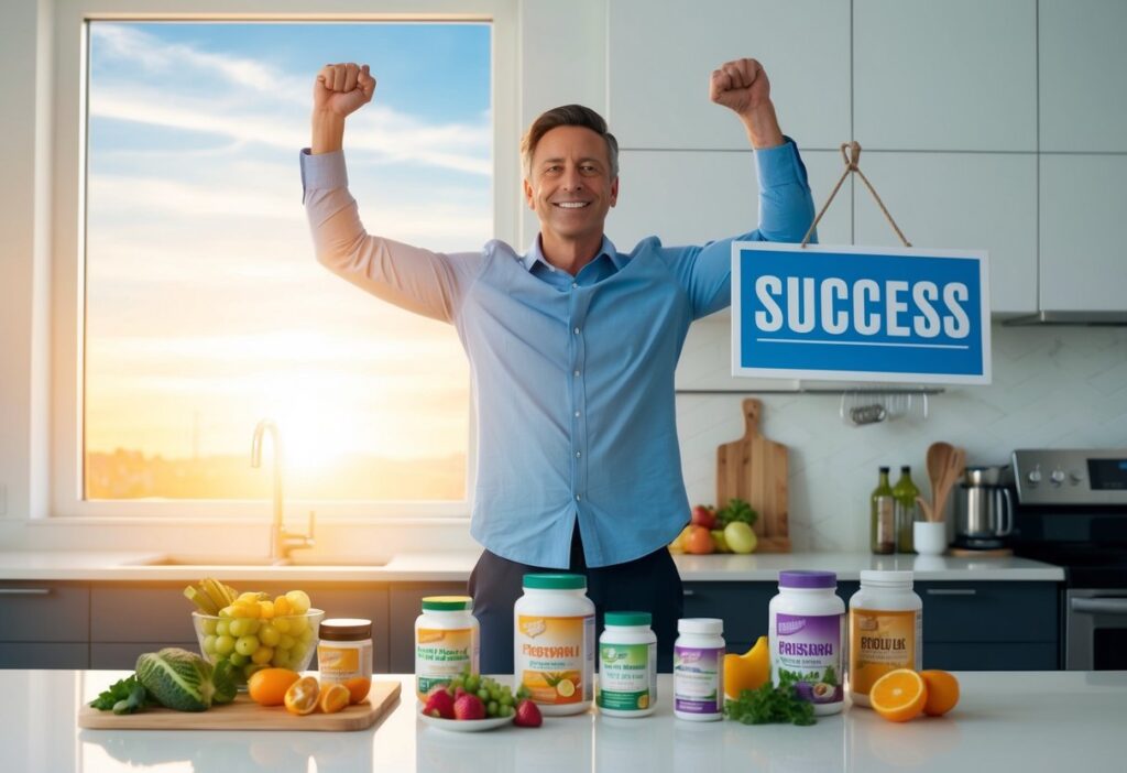A person celebrating a personal health milestone, such as standing triumphantly outdoors at sunrise with a smile, or holding a 'Success' sign in a modern kitchen filled with healthy foods and supplement bottles. The image should evoke a sense of accomplishment, renewed energy, and a balanced, sustainable keto lifestyle.
