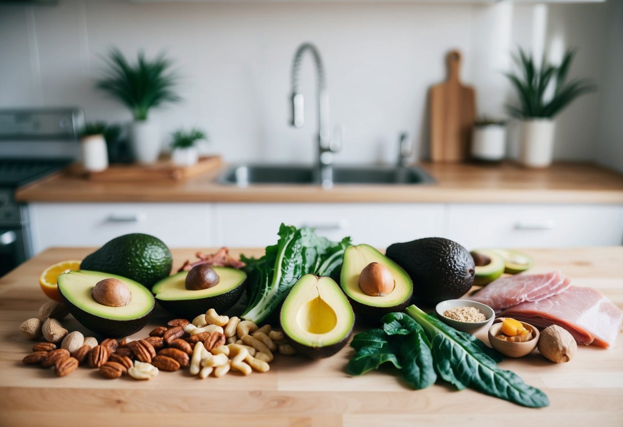 A kitchen counter with a variety of keto-friendly foods arranged neatly, including avocados, leafy greens, nuts, and lean meats