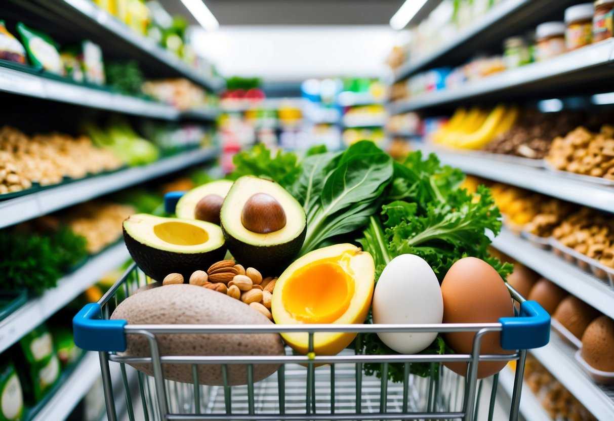 A grocery cart filled with keto-friendly foods such as avocados, leafy greens, nuts, eggs, and lean meats