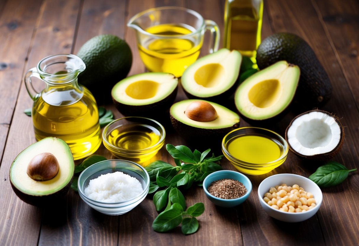 A variety of essential fats and oils, such as avocados, olive oil, and coconut oil, arranged on a wooden kitchen table alongside other keto-friendly foods
