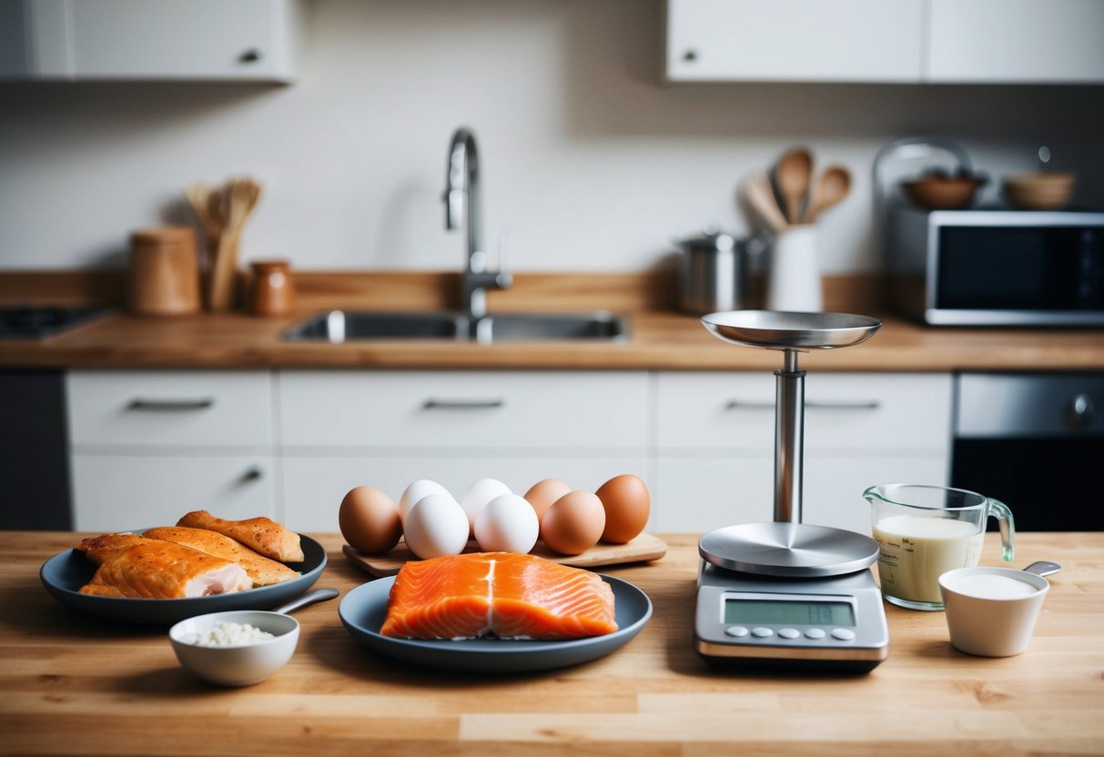 A kitchen counter displays a variety of keto-friendly protein options, including eggs, chicken, salmon, and tofu. A scale and measuring cups sit nearby
