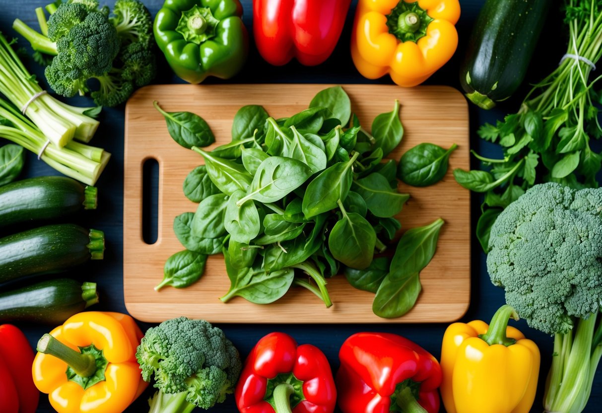 A colorful array of keto-friendly vegetables and greens arranged on a wooden cutting board, including spinach, broccoli, bell peppers, and zucchini