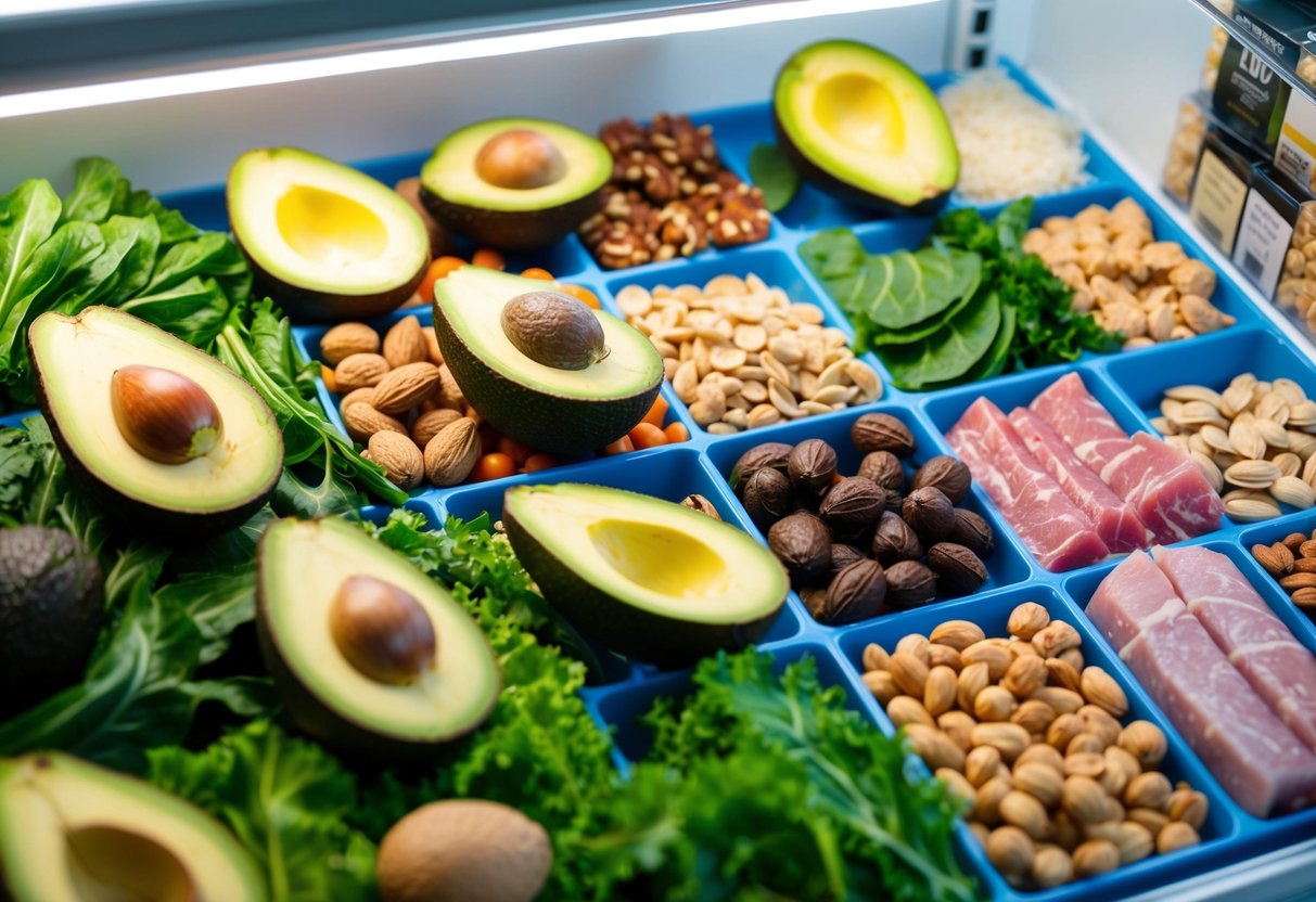 A colorful display of keto-friendly foods arranged on a grocery store shelf, including avocados, nuts, leafy greens, and lean meats