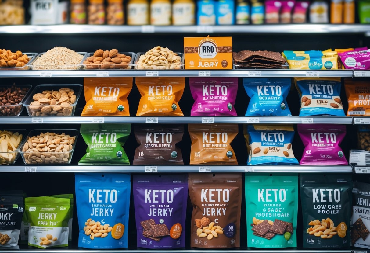A variety of keto-friendly snacks and convenience foods arranged on a grocery store shelf. Items include nuts, seeds, jerky, and low-carb protein bars