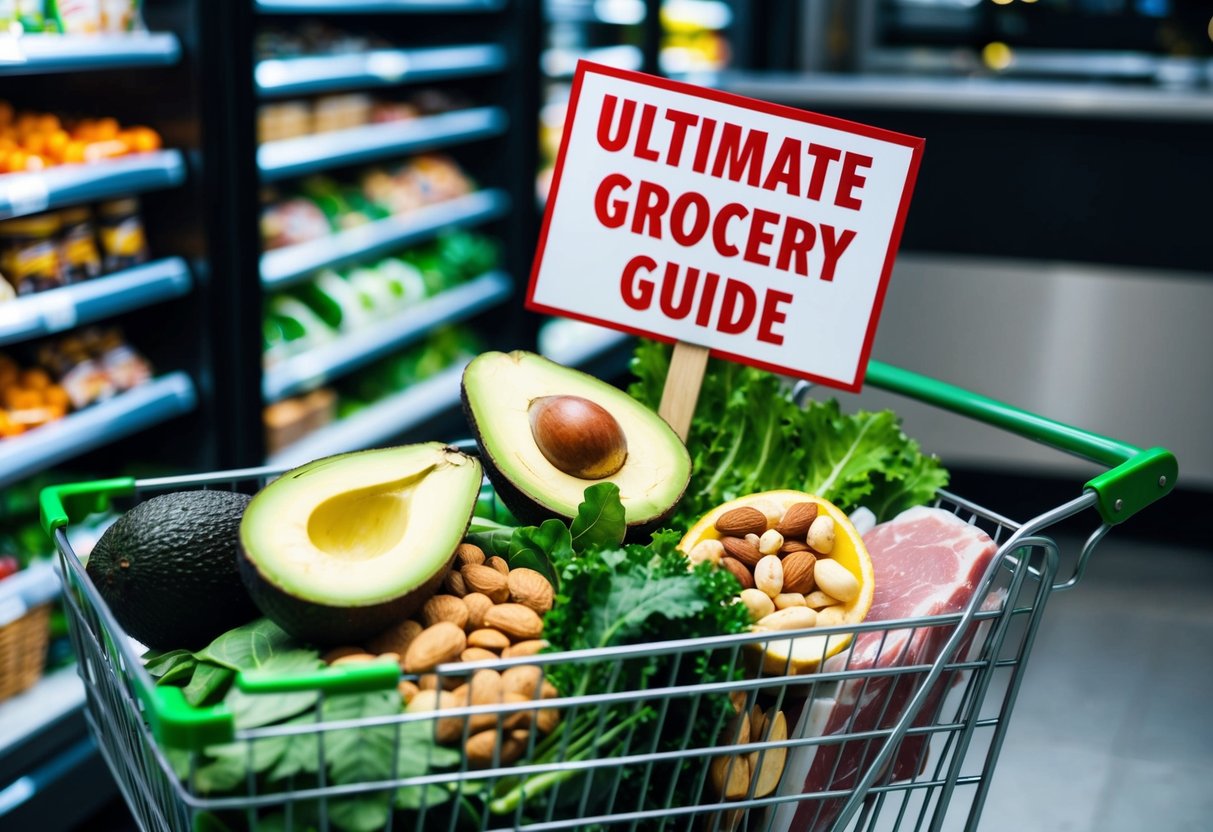 A keto grocery list filled with keto-friendly foods, including avocados, leafy greens, nuts, and lean meats, with a sign reading "Ultimate Keto Grocery Guide."