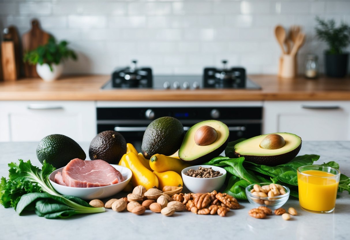 A colorful array of keto-friendly foods arranged on a kitchen counter, including avocados, nuts, leafy greens, and lean meats