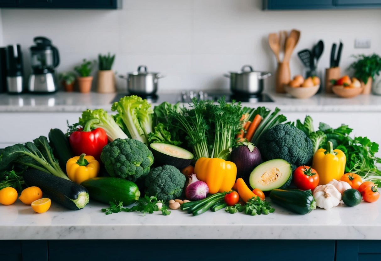 Sample of Keto for vegetarians. A colorful array of fresh vegetables and plant-based protein sources arranged on a kitchen counter, surrounded by keto-friendly ingredients and cooking utensils