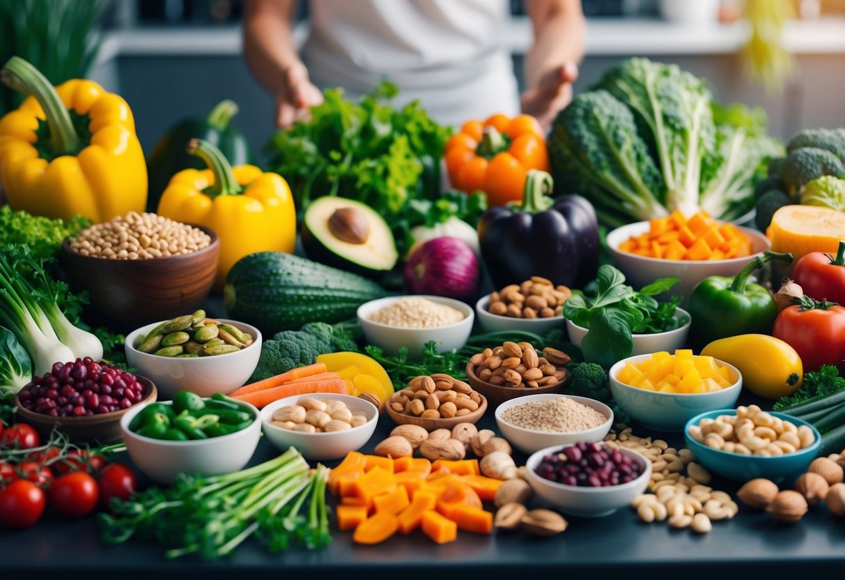 A colorful array of vegetables, nuts, seeds, and plant-based protein sources arranged on a table, representing the diverse macronutrients and micronutrients of a vegetarian keto diet